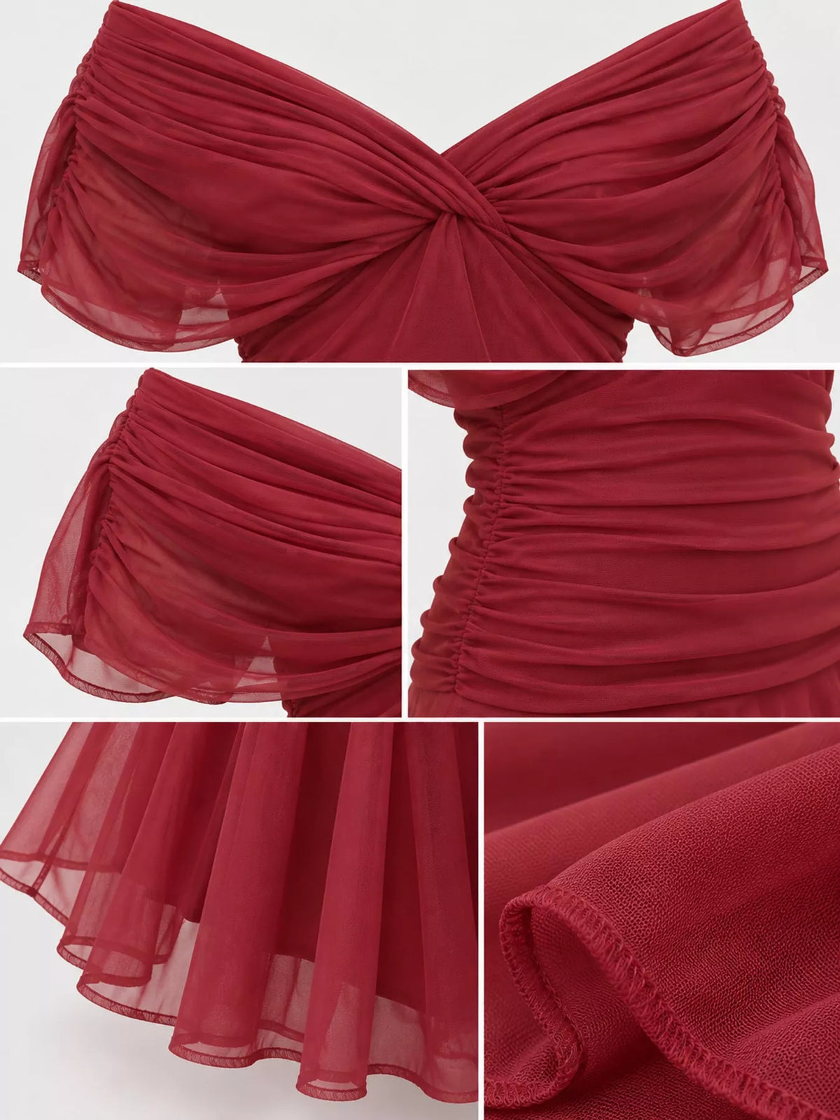 Off-Shoulder Ruched Tulle Evening Maxi Dress