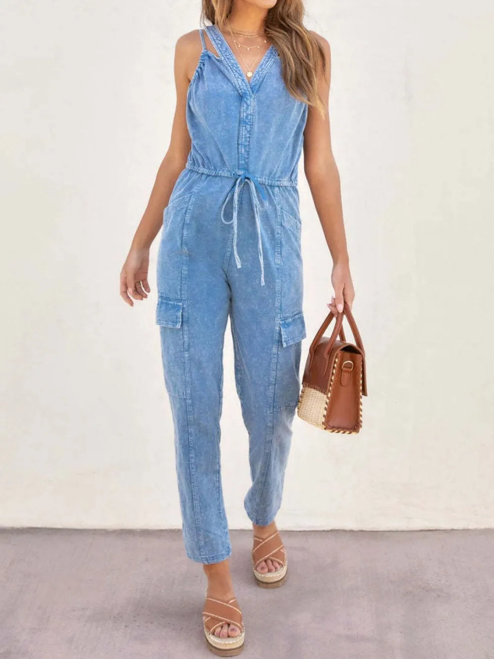 V-Neck Denim Jumpsuit in Medium Wash by Y.Y@Denim