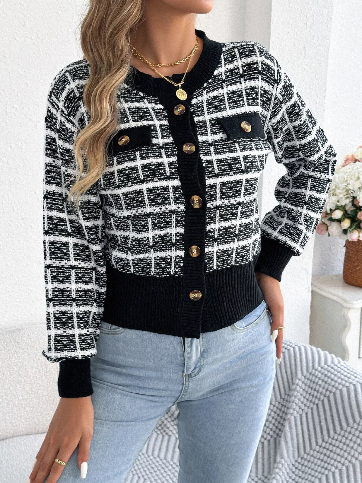 Plaid Tweed-Style Knit Cardigan by Clise