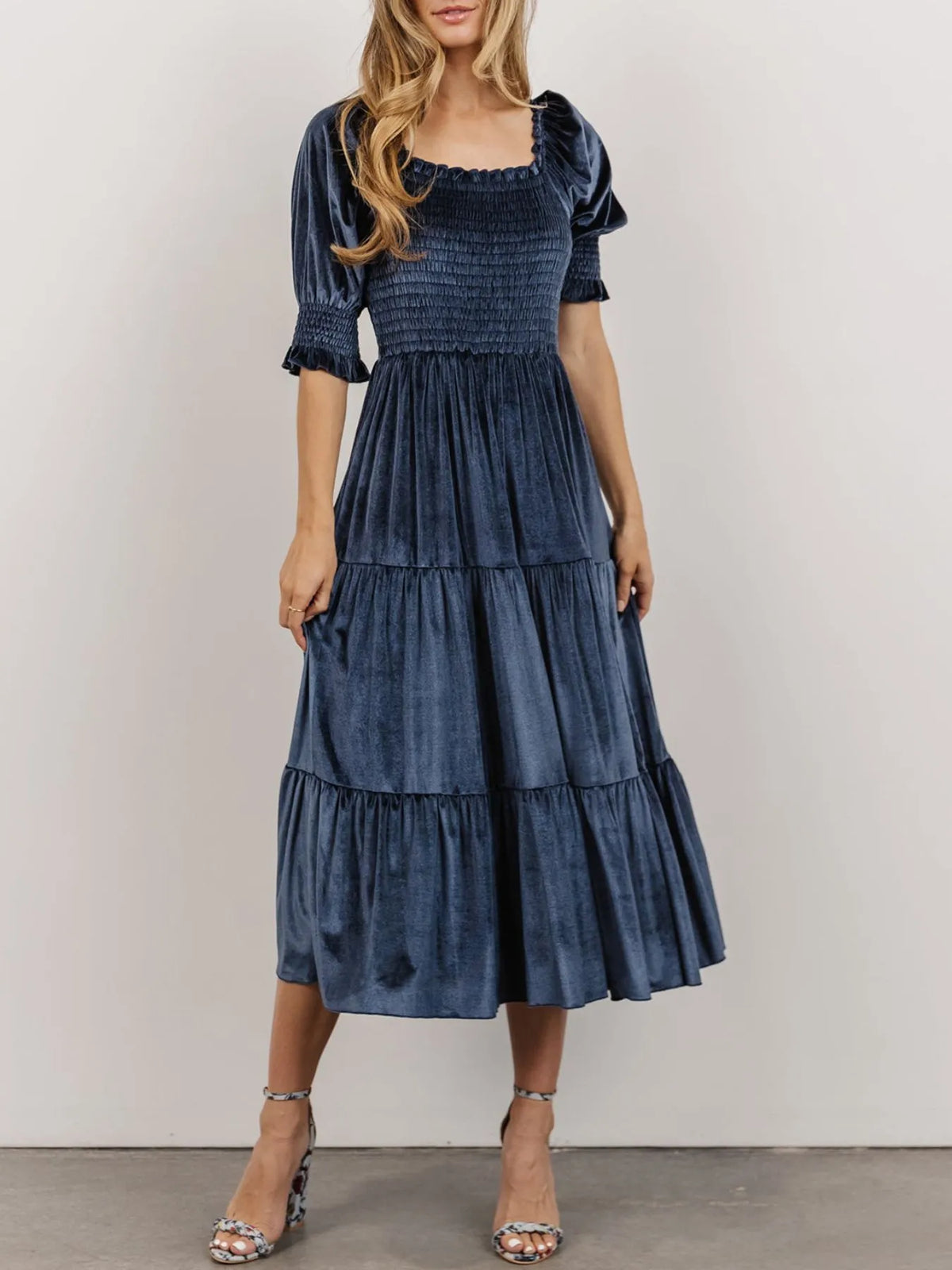 Smocked Half-Sleeve Tiered Midi Dress
