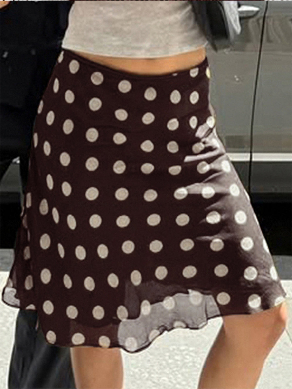 Polka Dot Mesh Skirt in Brown