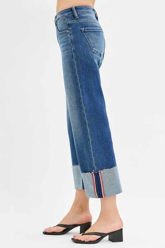 Risen Tummy Control Mid Rise Crop Wide Leg Jeans in Dark Wash