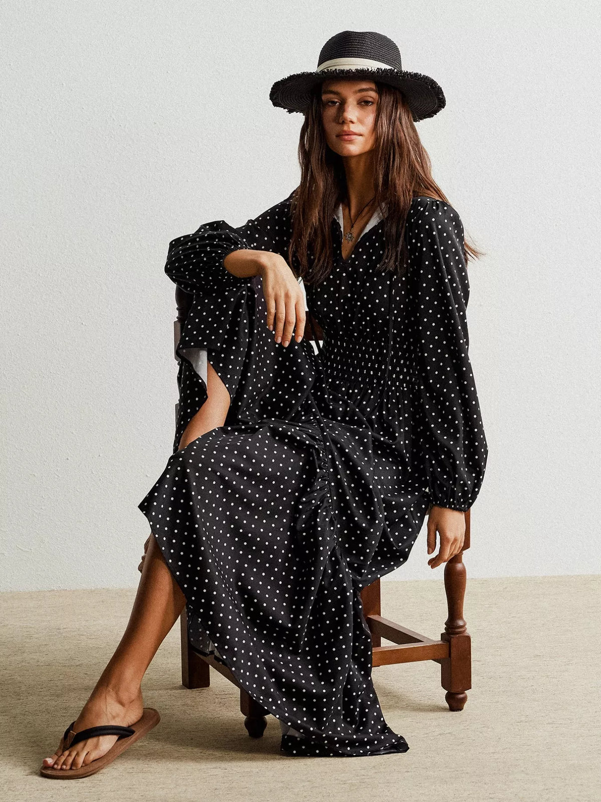 Polka Dot Long Sleeve Maxi Dress in Black