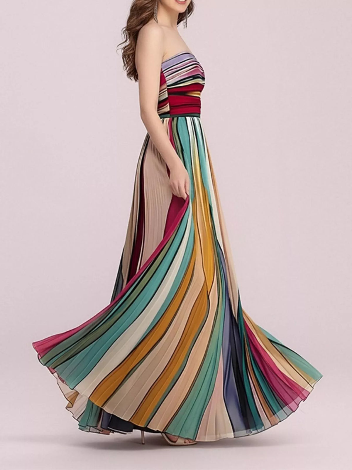 Striped Pleated Tube Maxi Dress in Multicolor