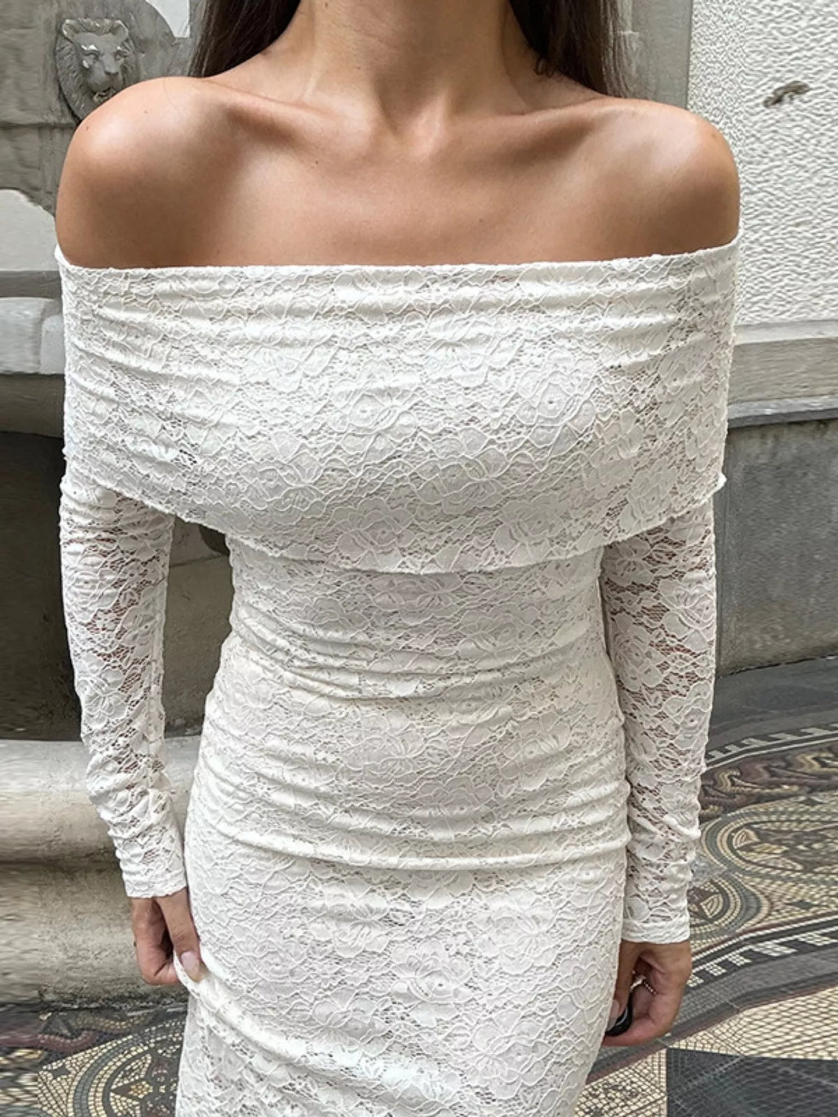 Off-Shoulder Lace Bodycon Maxi Dress in White