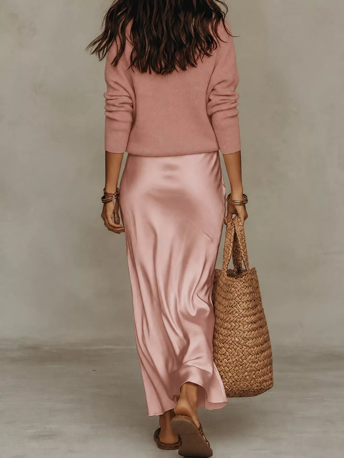 V-Neck Top and Satin Midi Skirt Set