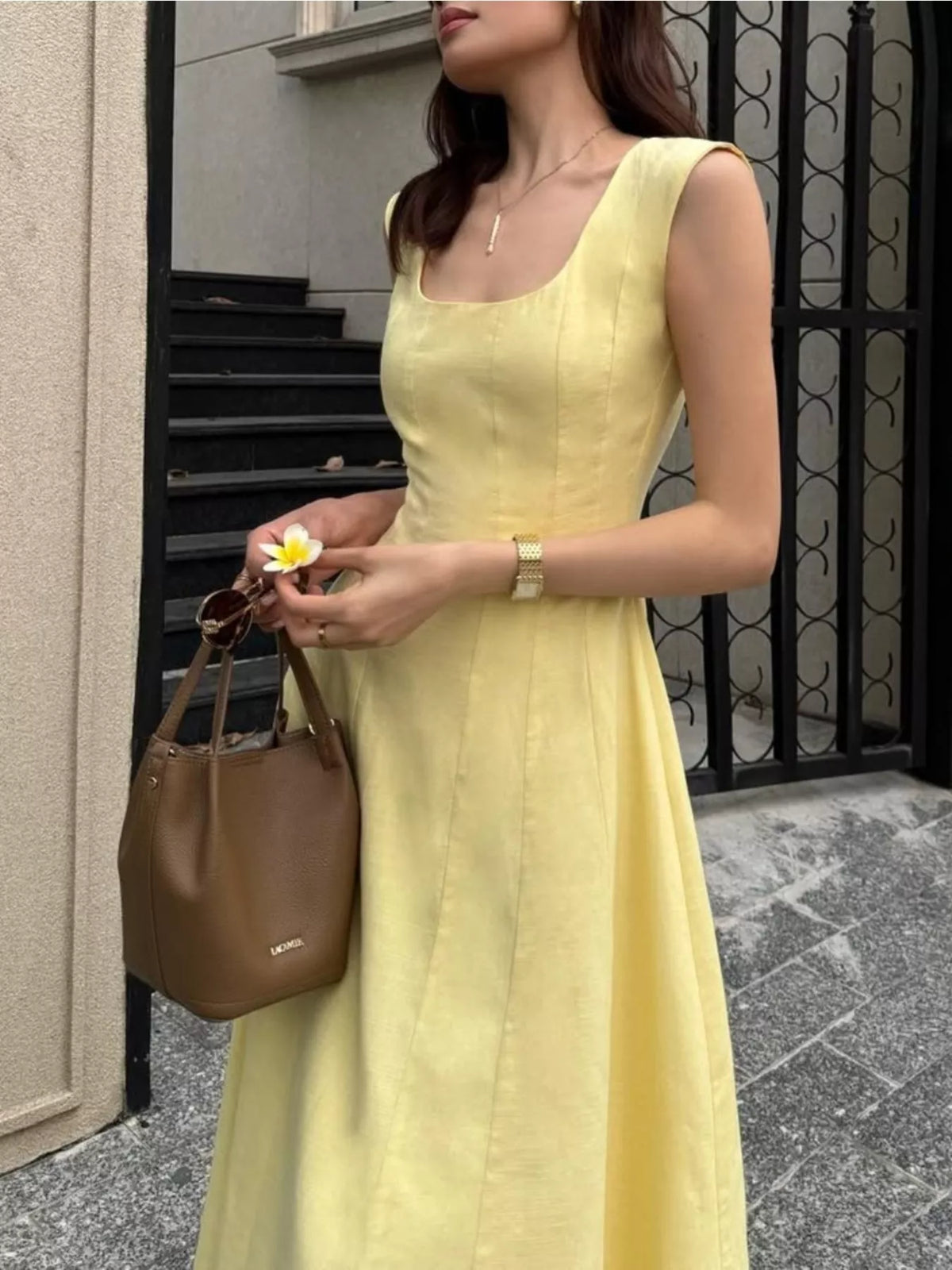 Scoop Neck A-Line Midi Dress in Yellow