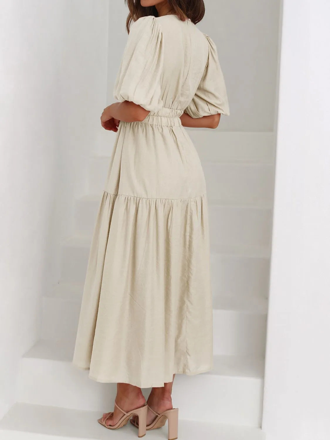 V-Neck Puff Sleeve Ruched Midi Dress