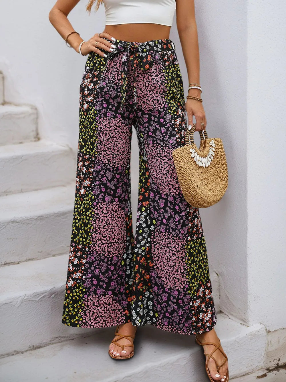 Floral High Rise Wide Leg Pants in Black