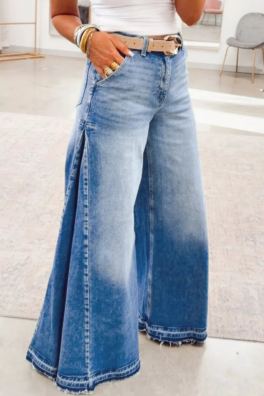 Side-Seam Gathered Flare Leg Jeans in Dusty Blue