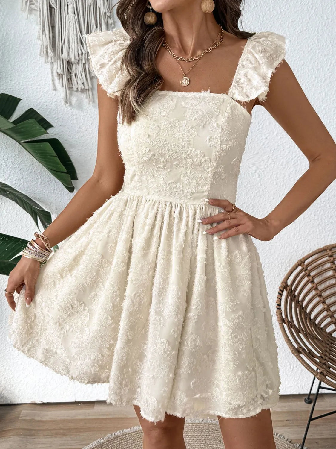 Cutout Cap Sleeve Mini Cami Dress in Cream