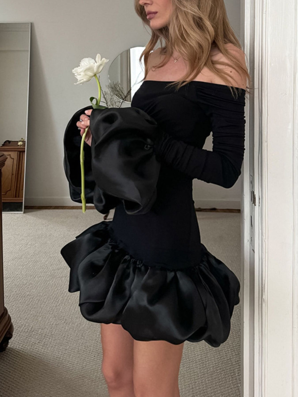 Off-Shoulder Ruffle Hem Mini Dress in Black