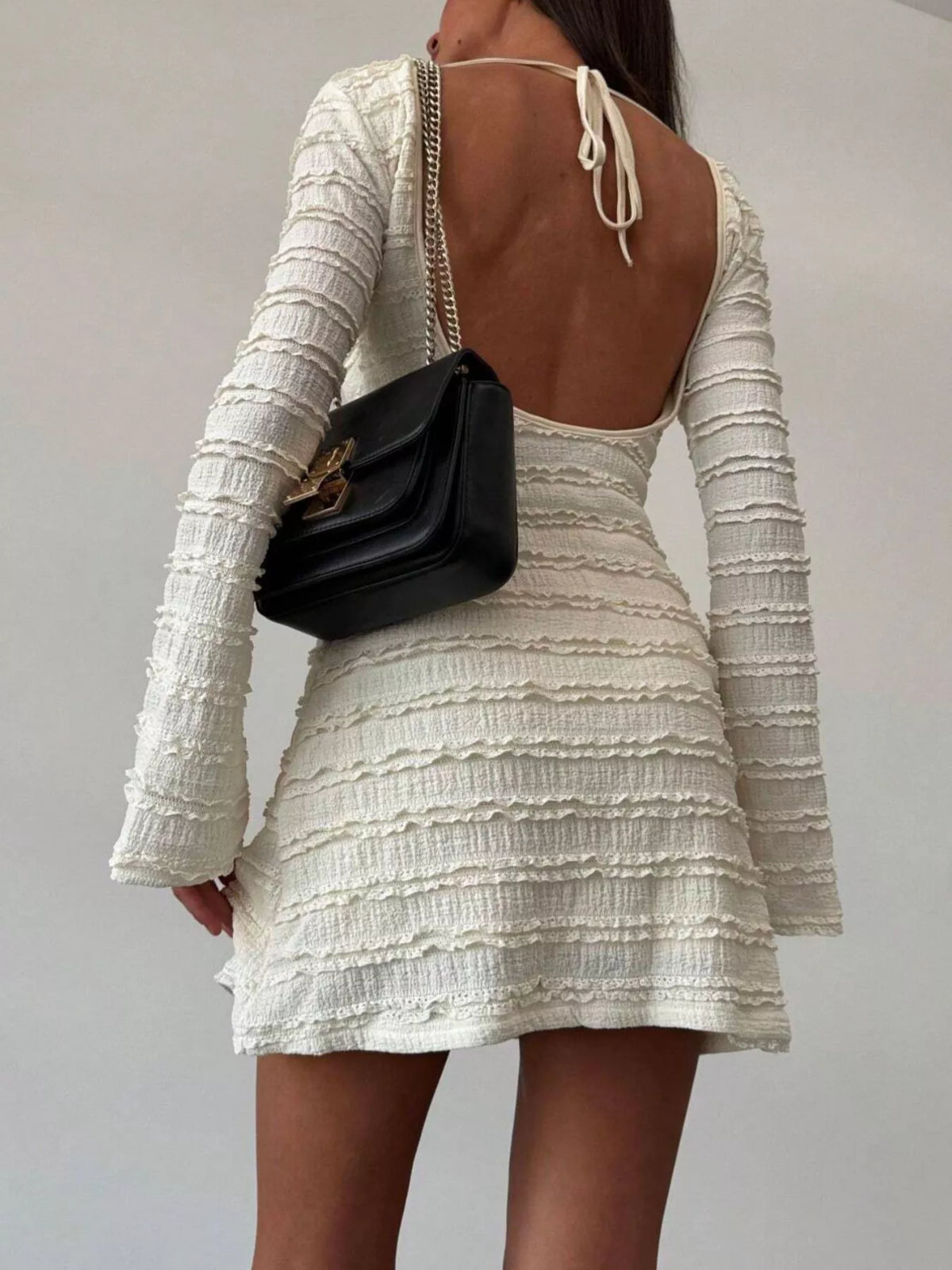 Textured Flare Sleeve Bodycon Mini Dress in Apricot