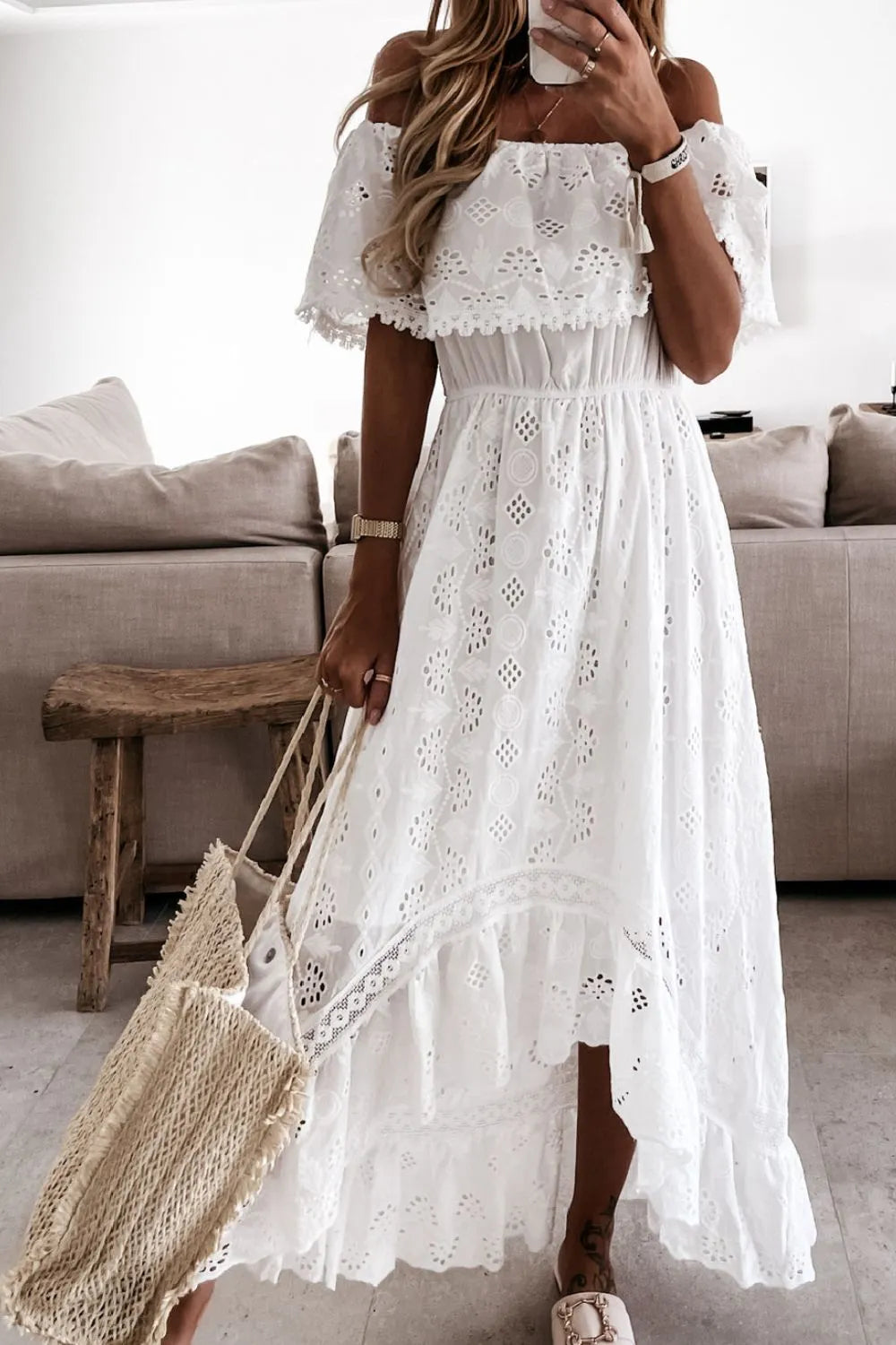 Off-Shoulder Eyelet Lace Maxi Dress in White