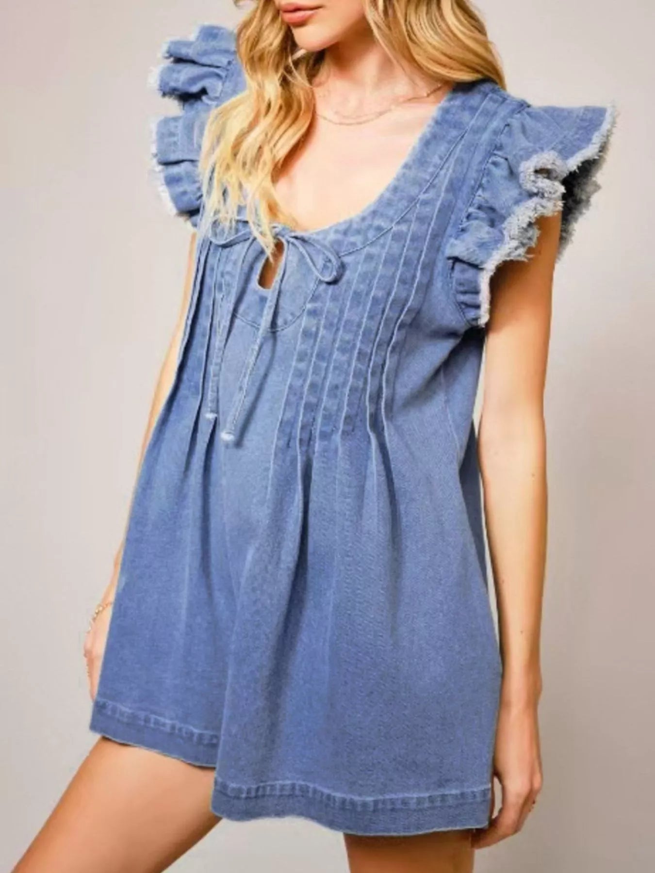 Ruffle Sleeve Denim Romper in Blue