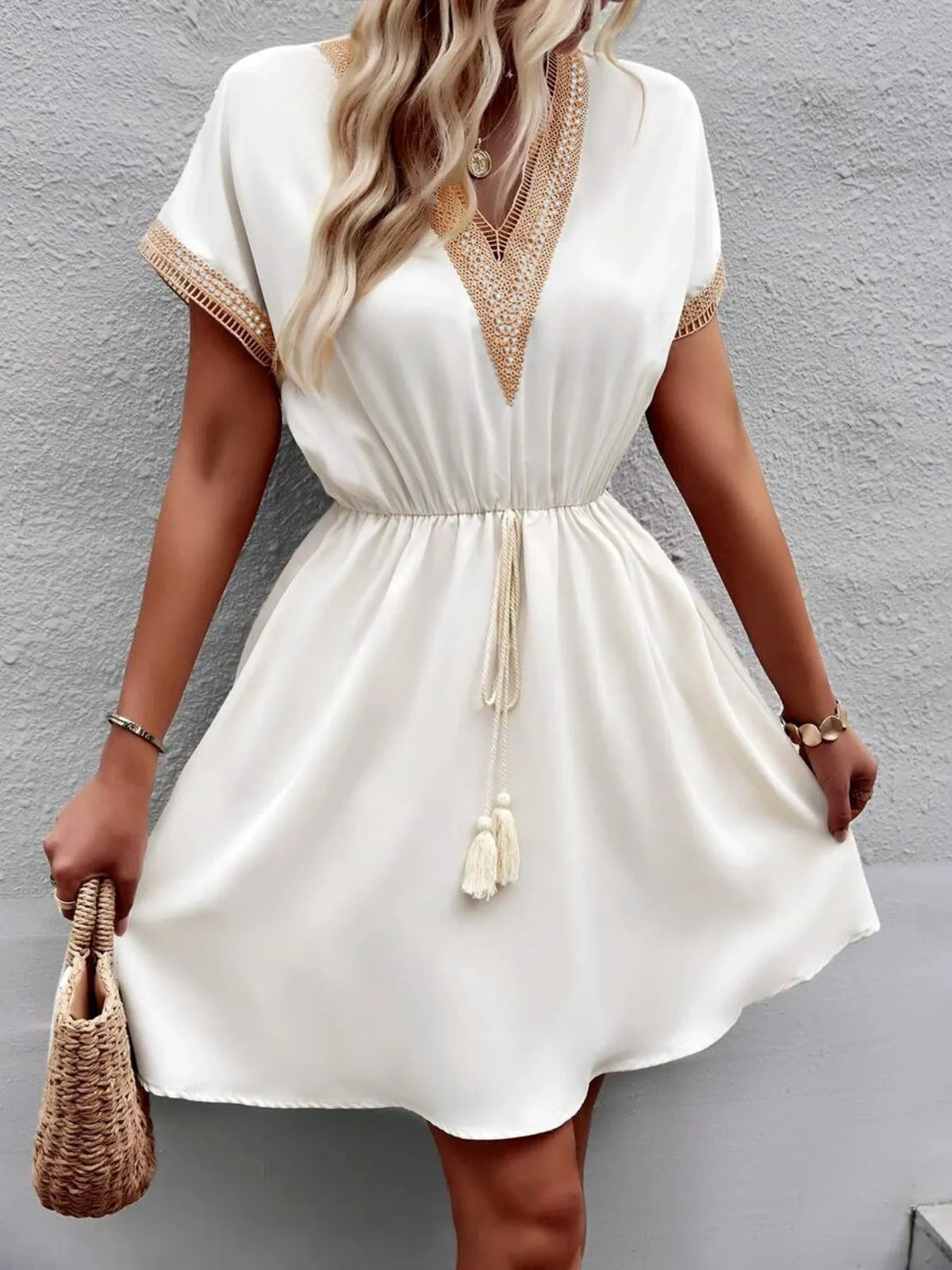 Tied V-Neck Short Sleeve Mini Dress