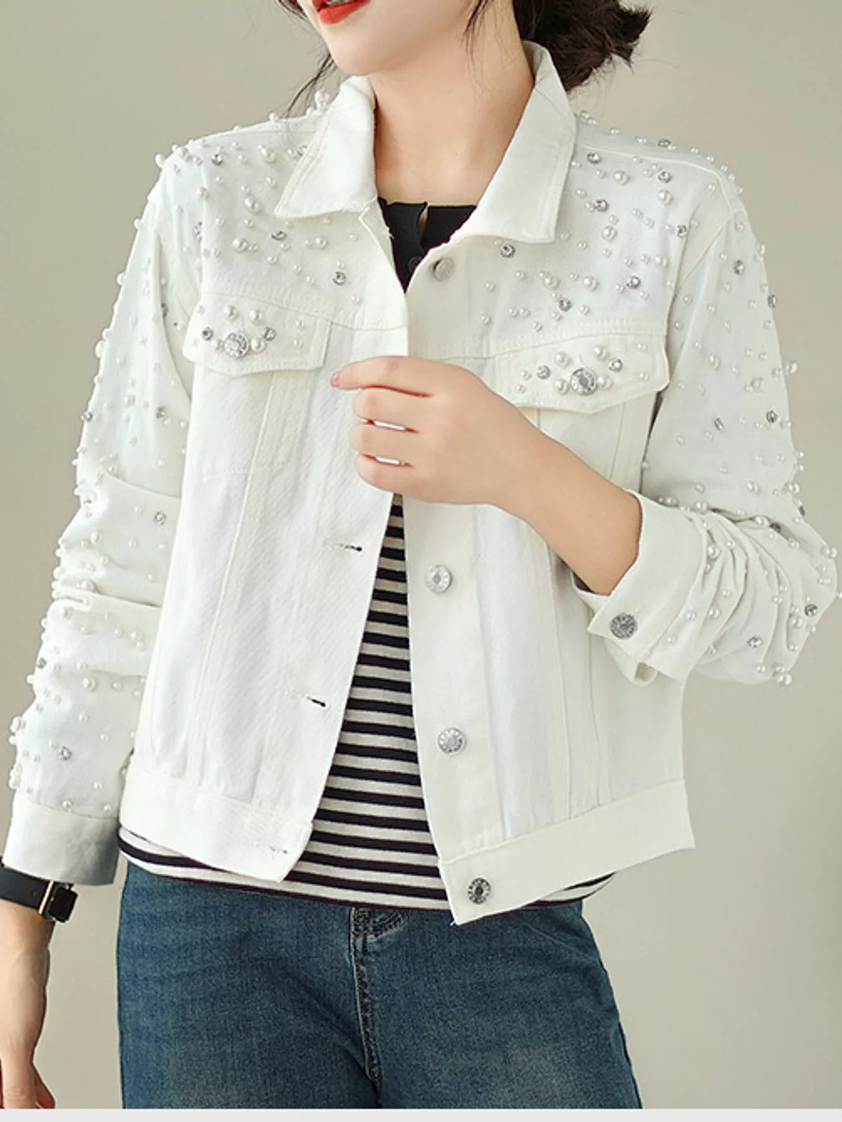 Pearl Detail Button-Up Denim Jacket