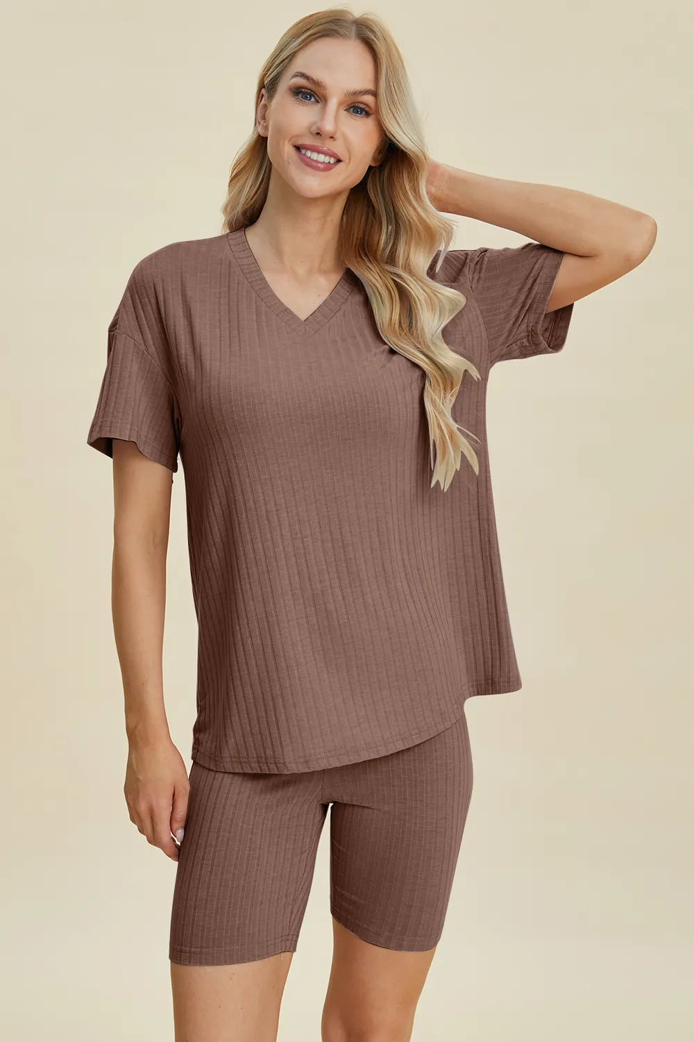 Basic Bae Ribbed V-Neck Top and Shorts Set
