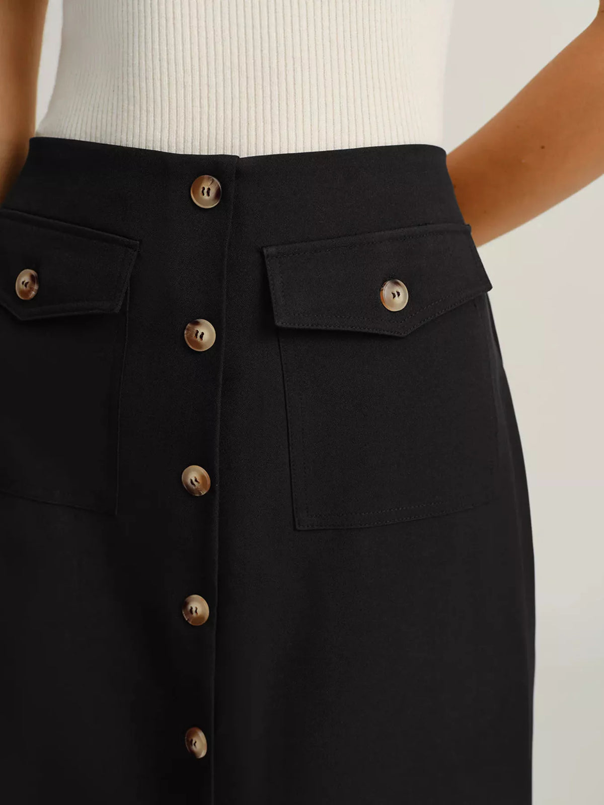 Button-Front Midi Skirt in Black
