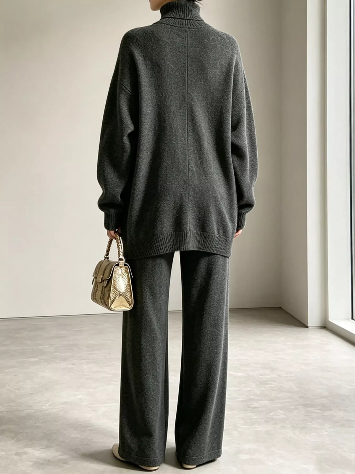 Ribbed Turtleneck Top and Pants Sweater Set