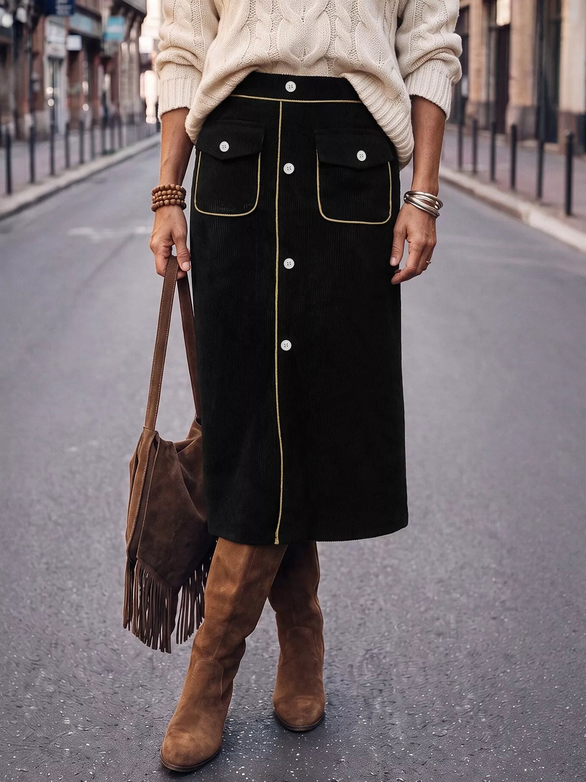 Corduroy Midi Skirt in Black