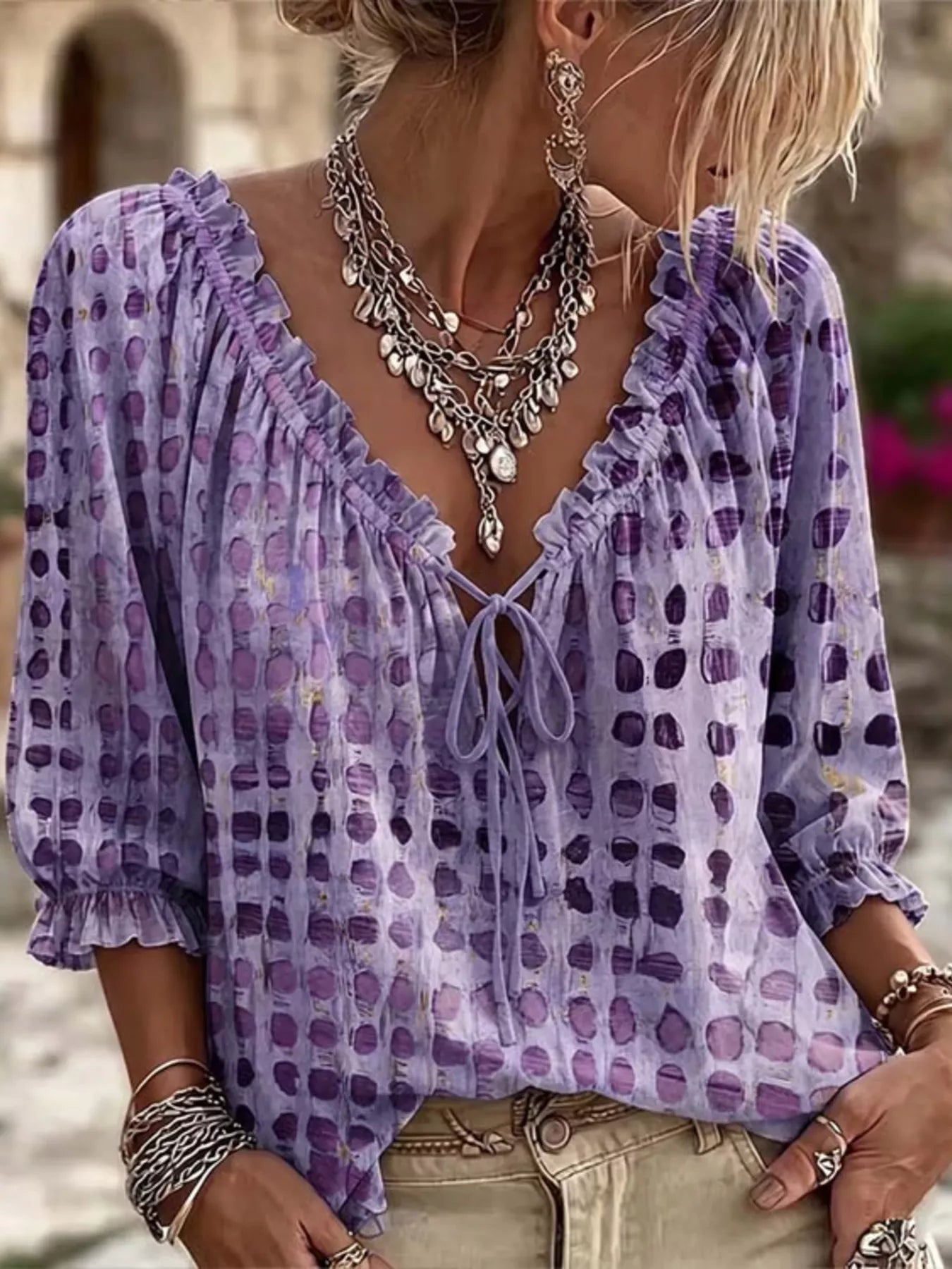 Tie Neck Ruffle Blouse