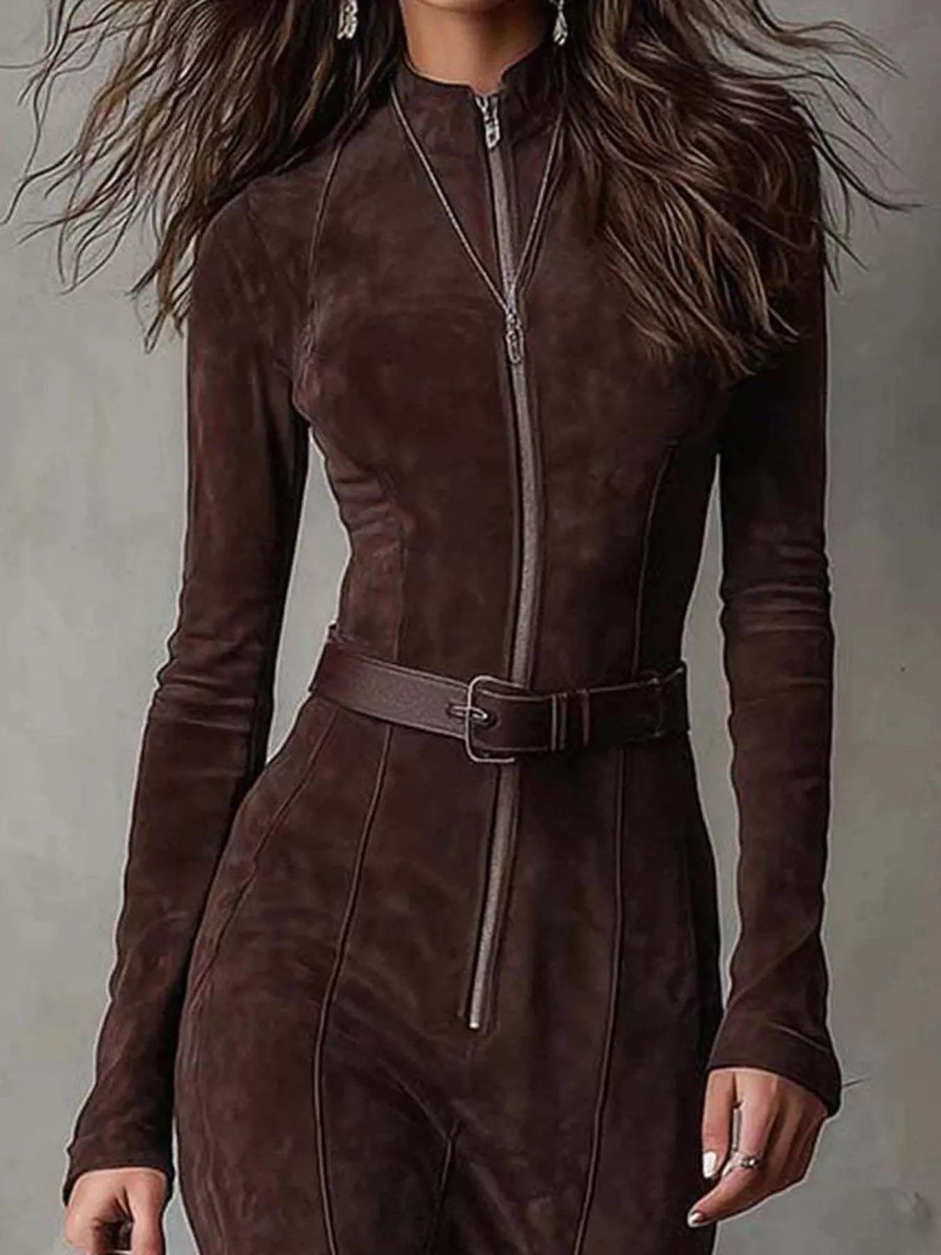 Belted Zip-Front Slit Maxi Dress