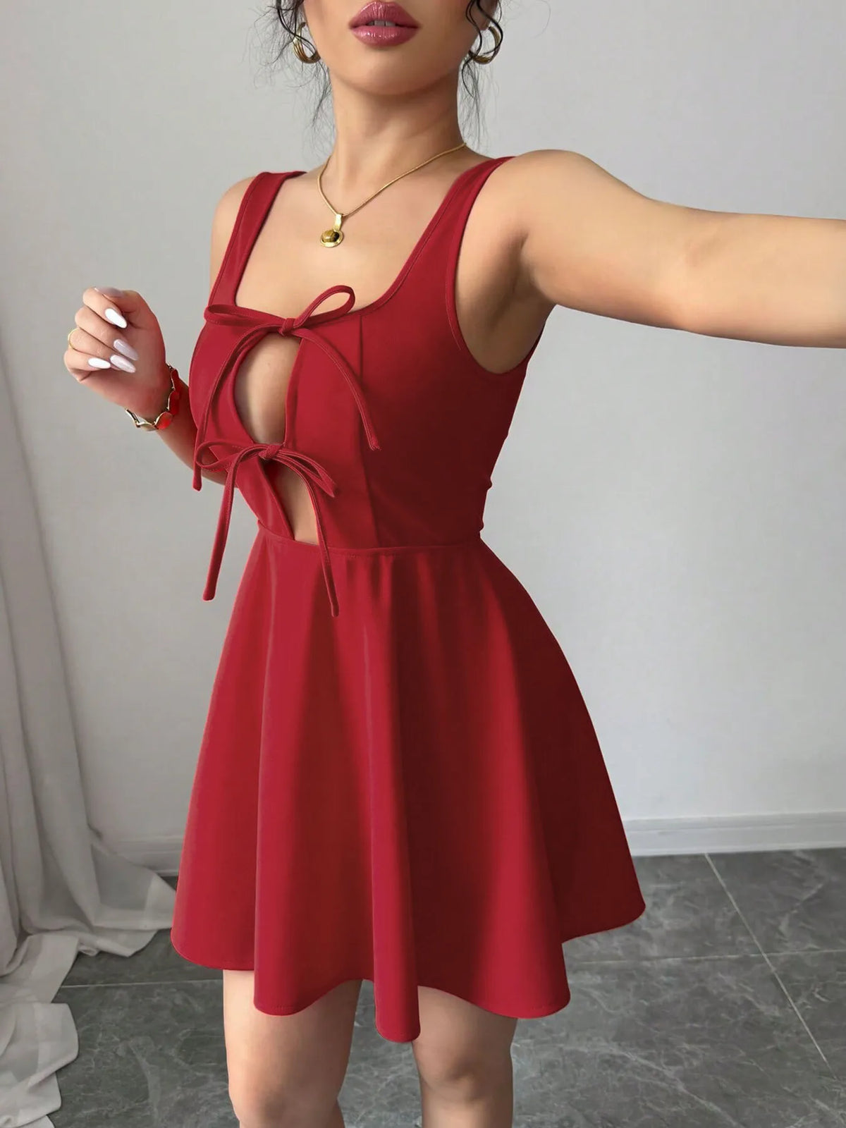 Tie-Front Lace-Up Cutout Dress in Red