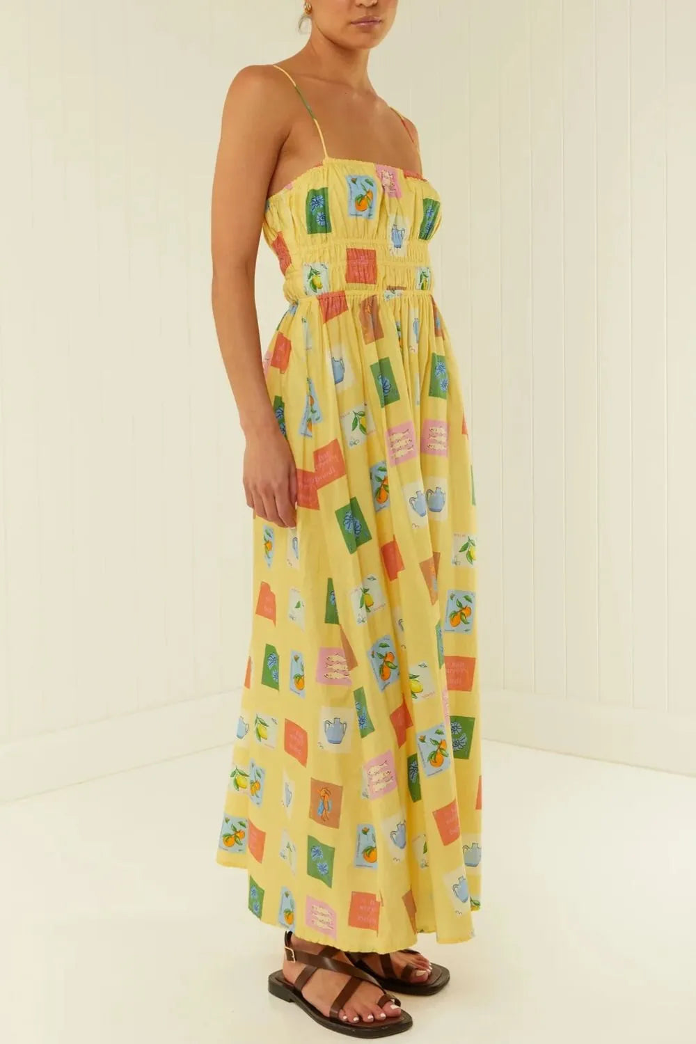 Printed Square Neck Pocket Maxi Dress in Yellow