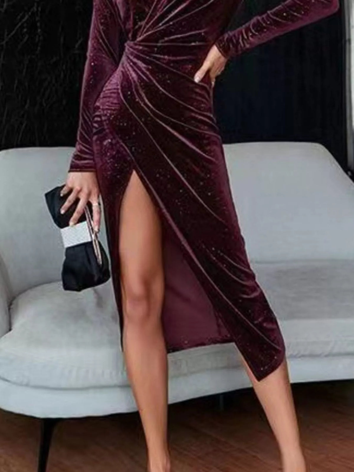 Ruched Velvet Slit Midi Dress