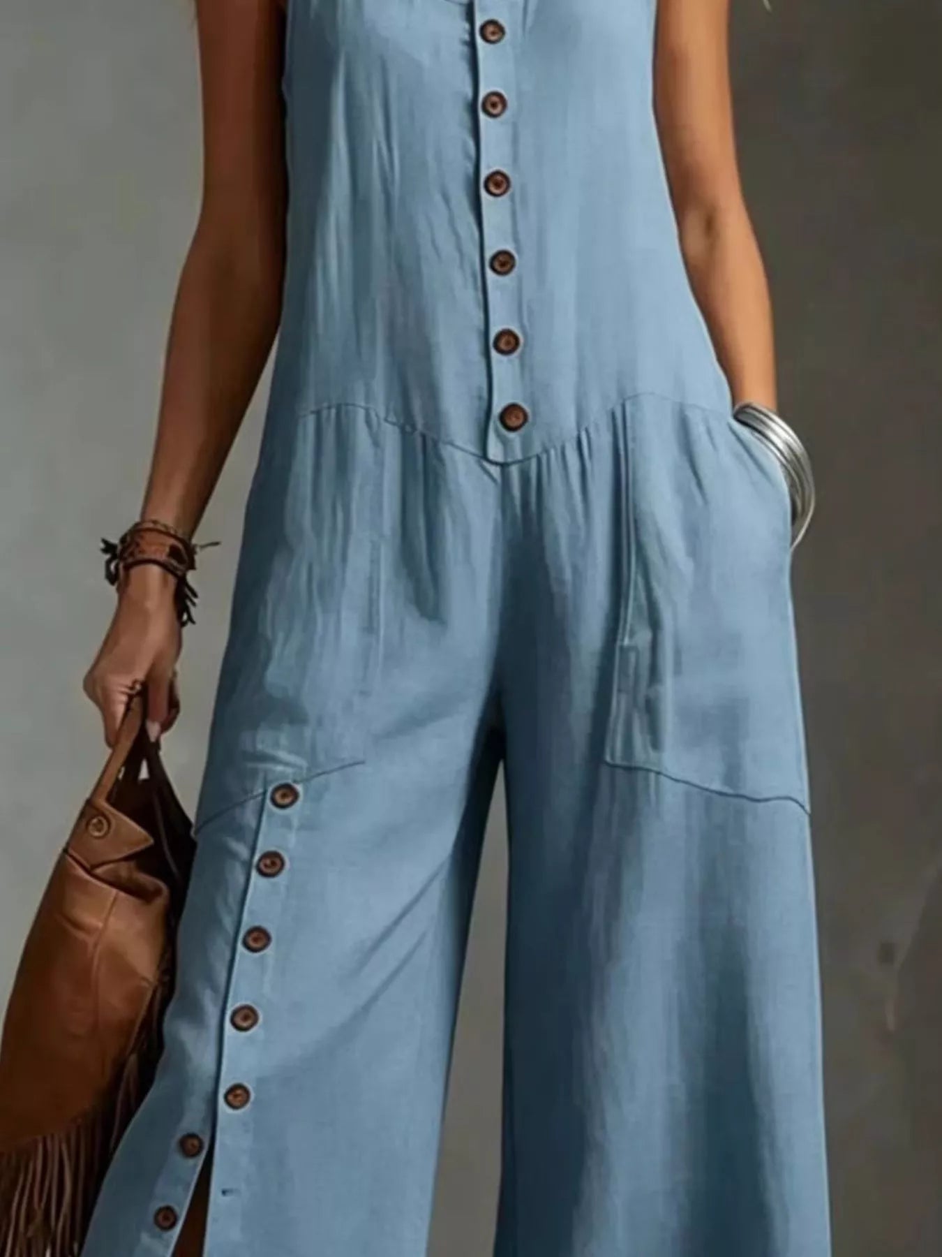 Sleeveless Button-Down Wide-Leg Jumpsuit