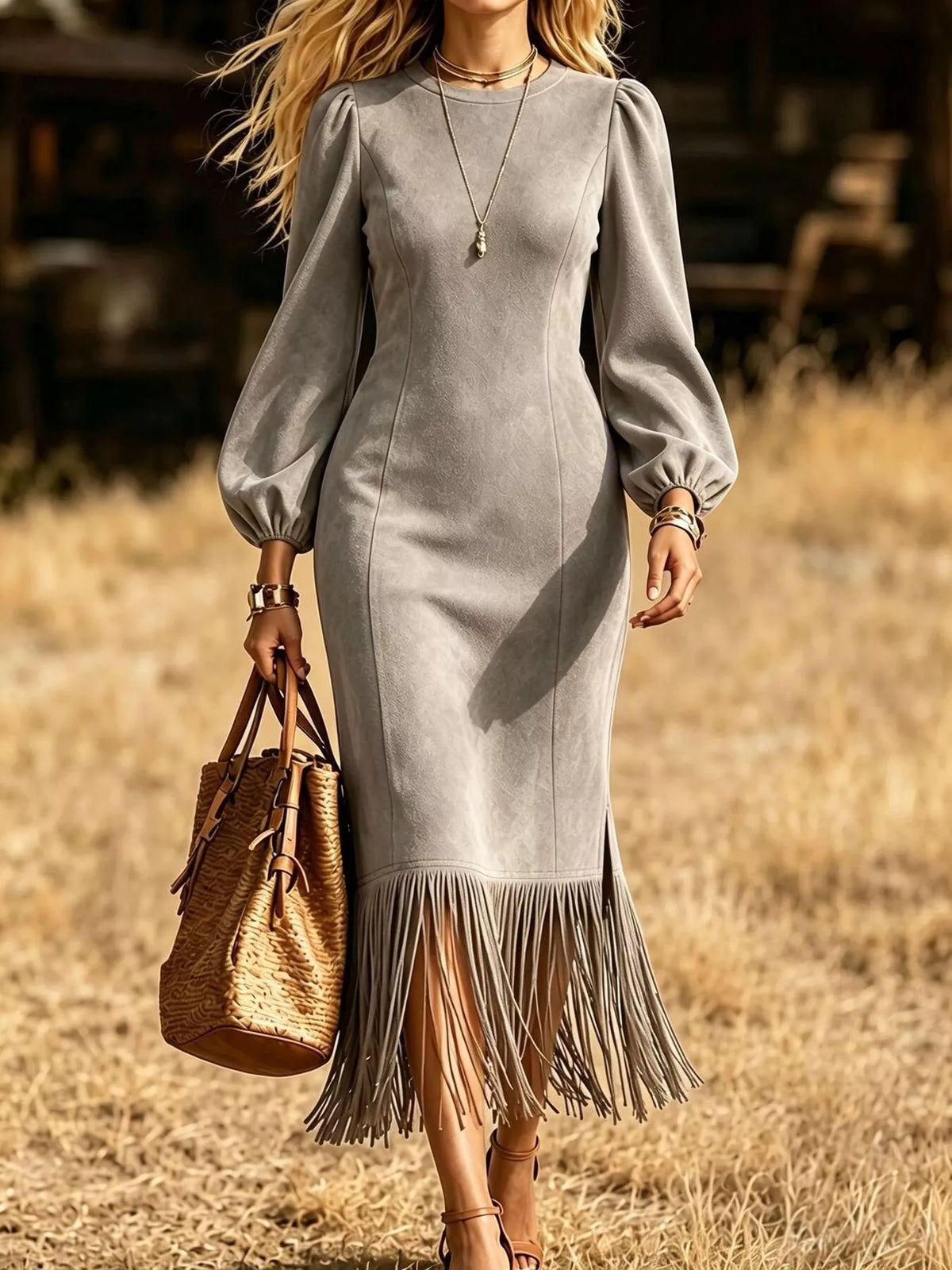 Fringe Hem Balloon Sleeve Midi Dress