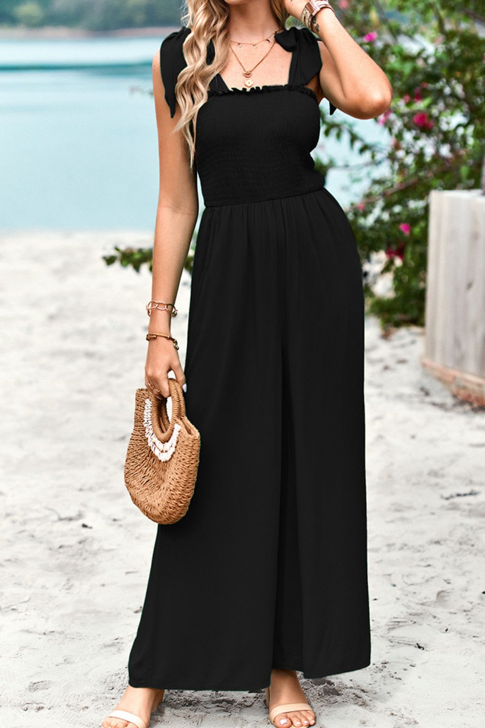Frill Trim Tie-Shoulder Wide Leg Jumpsuit by DY