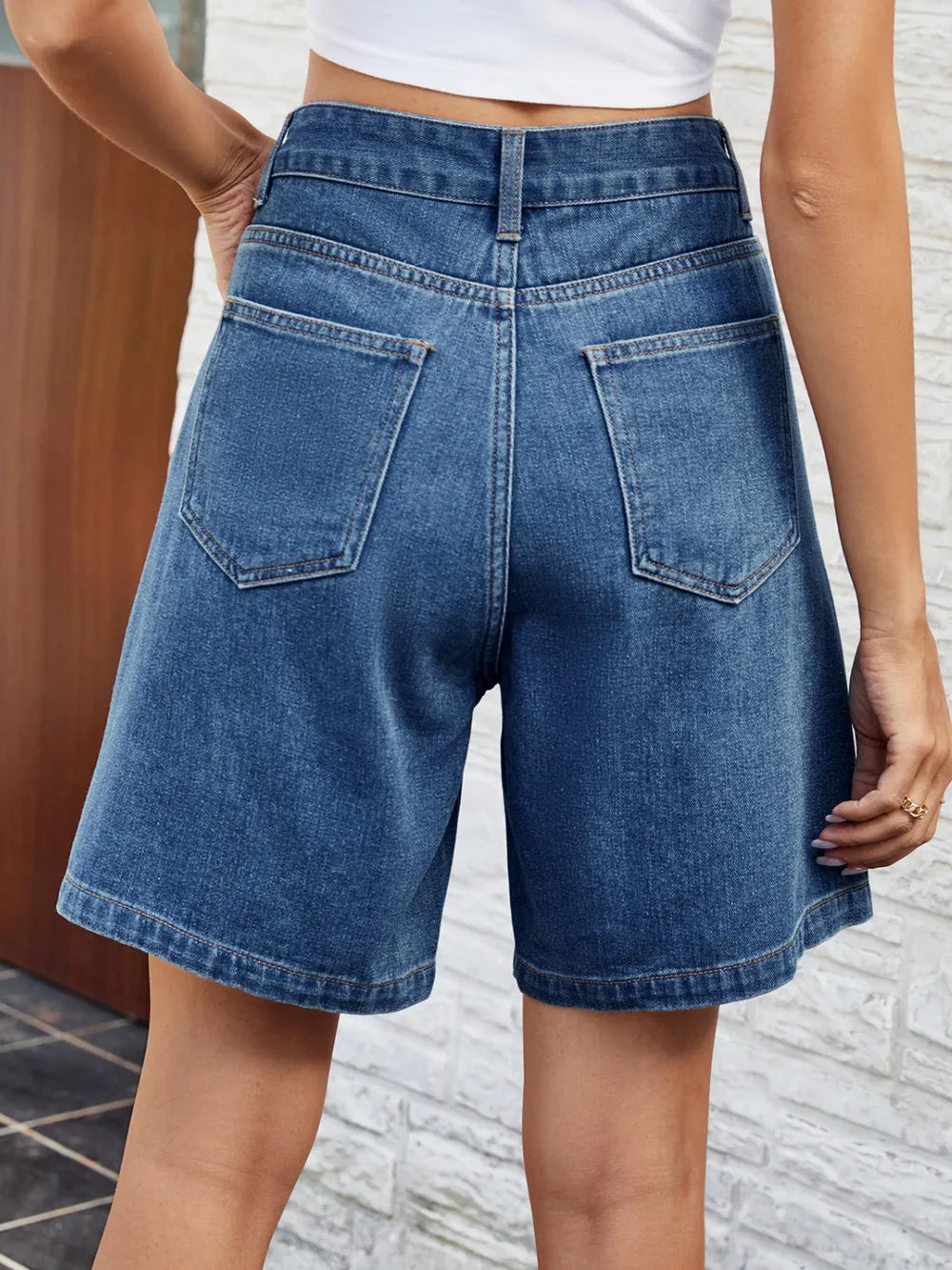 High Waist Button-Front Denim Shorts with Pockets by Manny