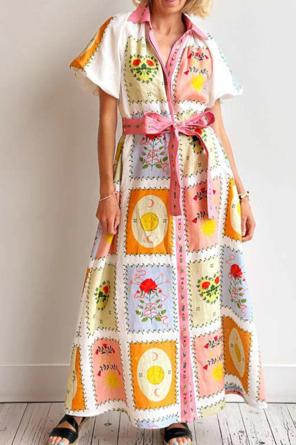 Floral Belted Short Sleeve Maxi Dress