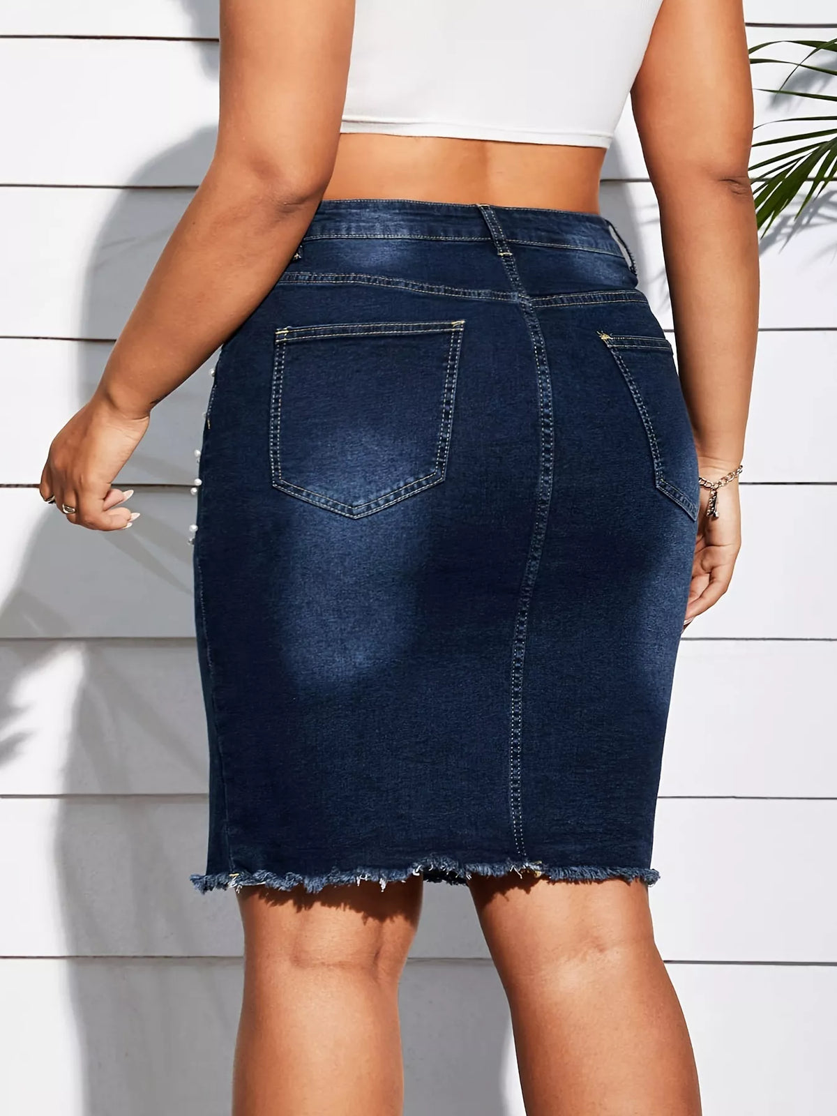 Pearl-Embellished Frayed Hem Denim Skirt in Dark Blue by Lone Star Lady