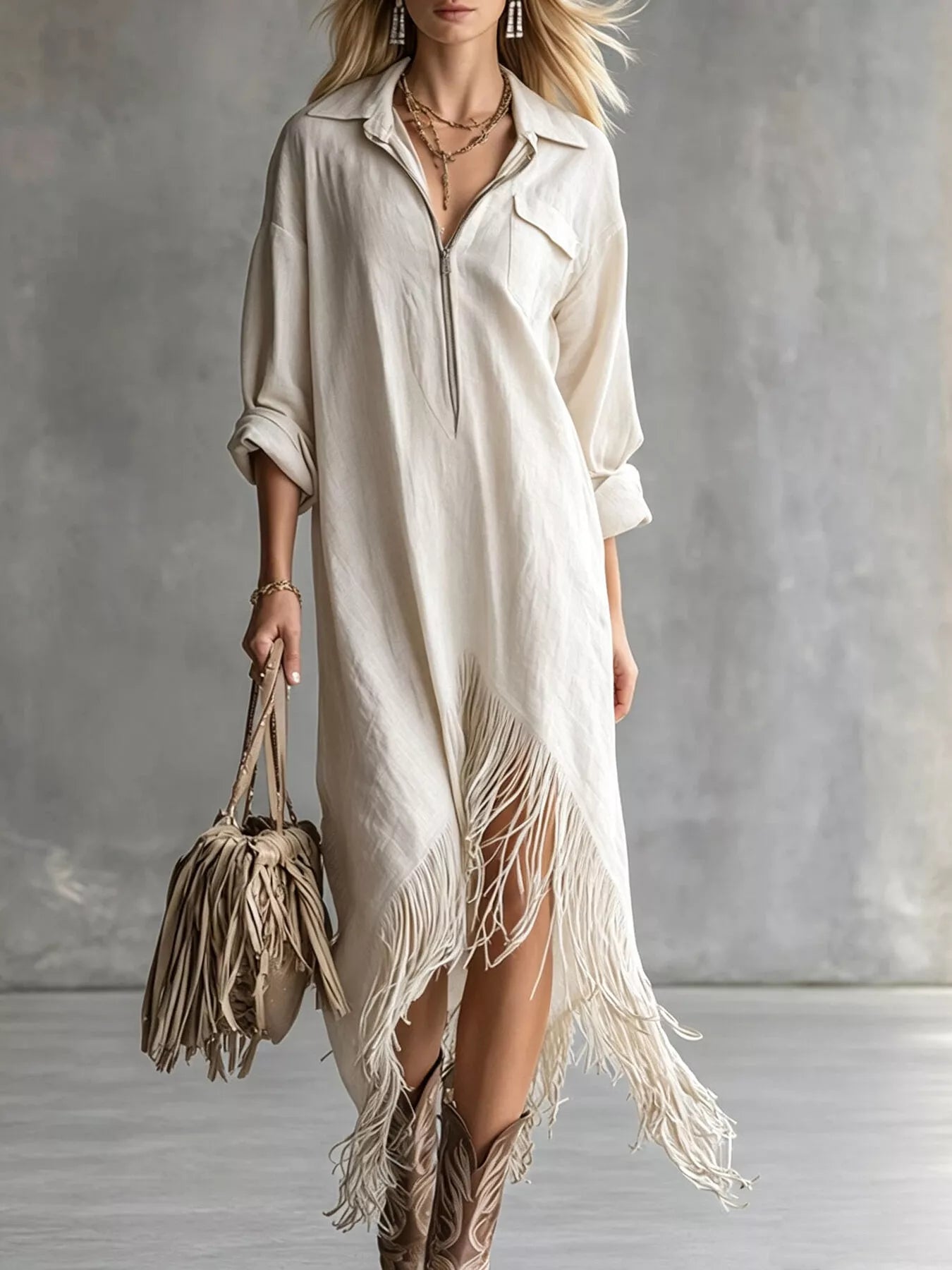 Fringe Hem Zip-Front Shirt Dress
