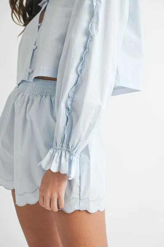 Scallop Trim Blouse and Shorts Set in Light Blue in Lt Blue