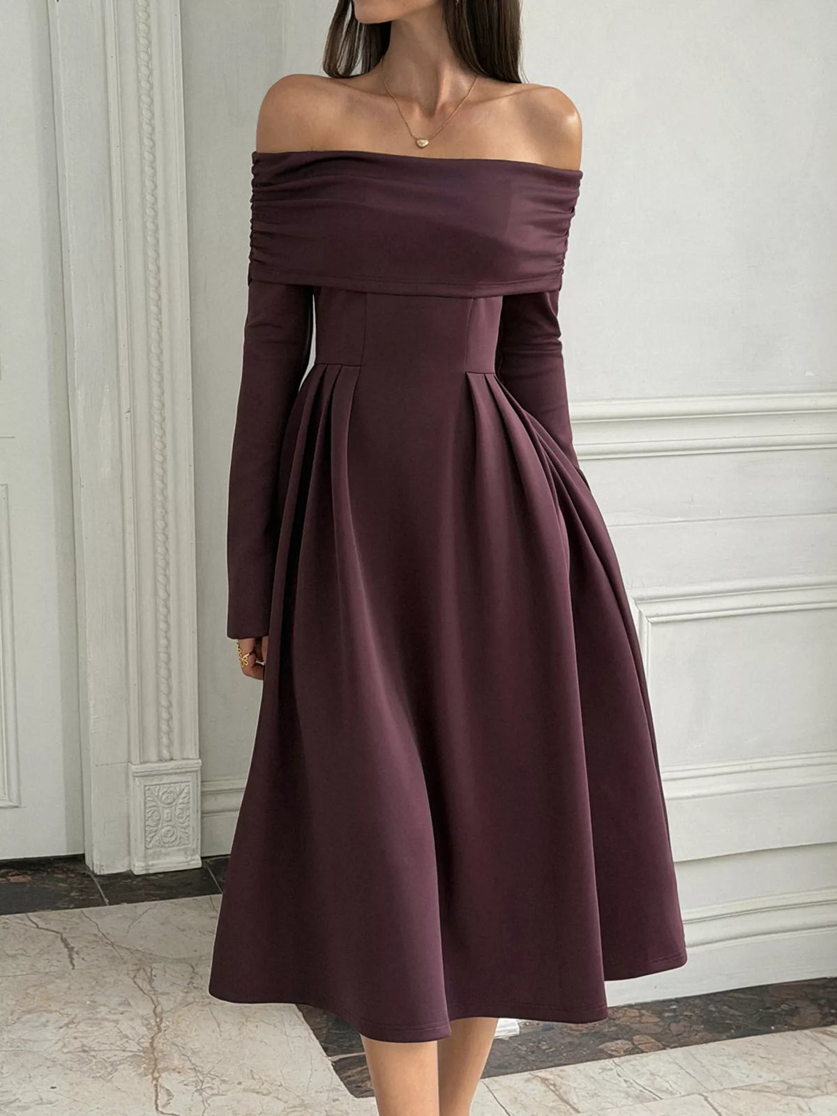 Off-Shoulder Long Sleeve Midi Dress in Coffee Brown