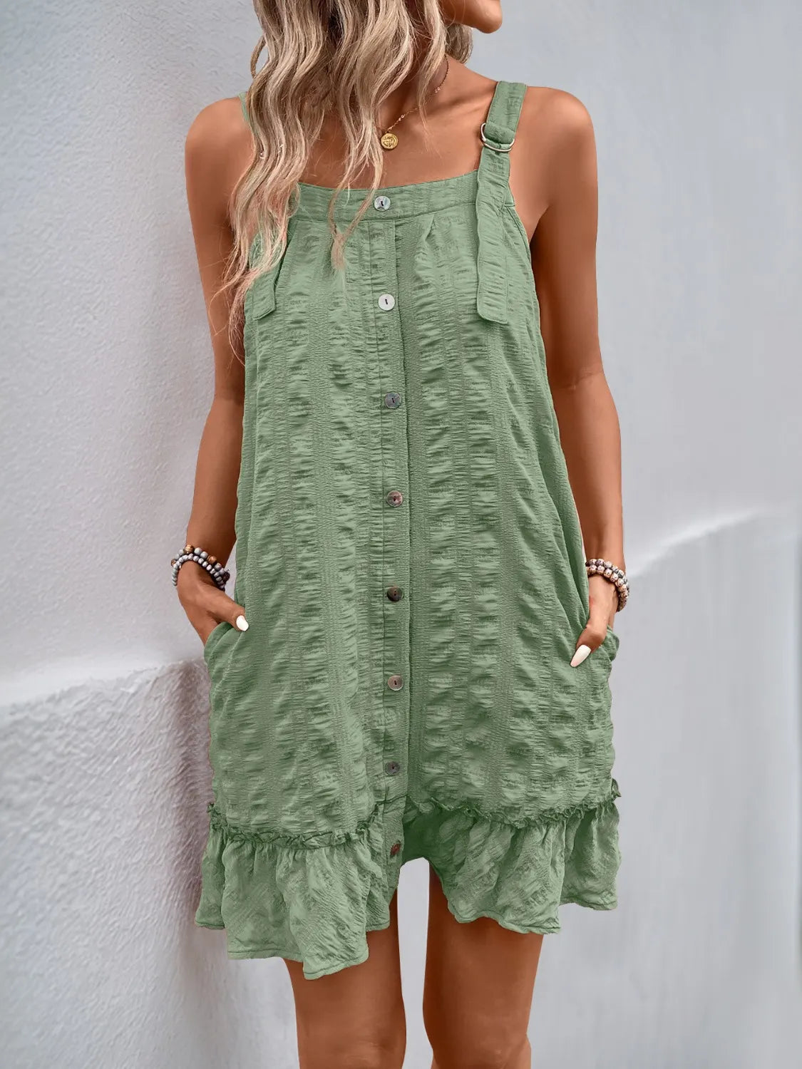 Ruffled Square Neck Dress in Gum Leaf