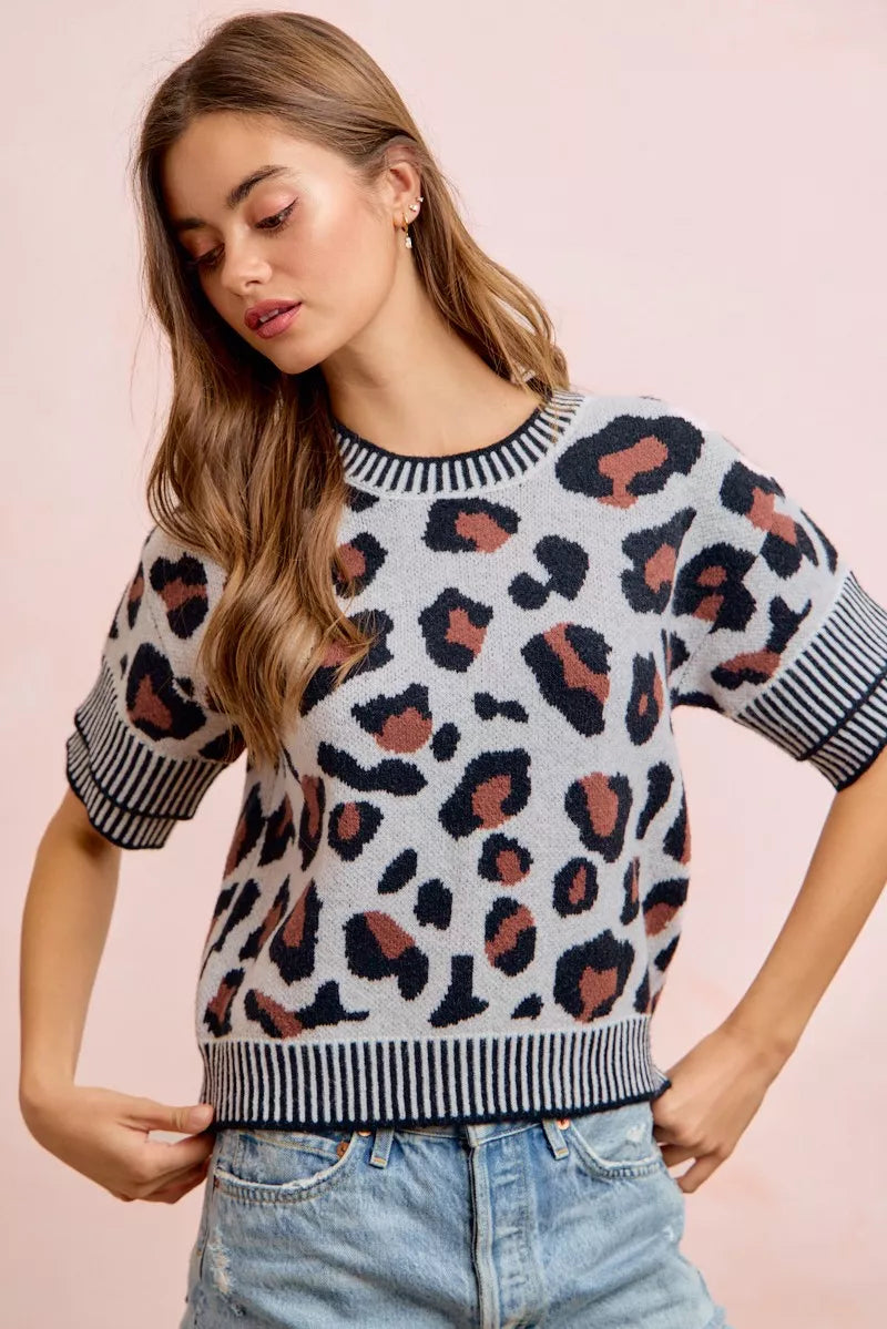 Two-Tone Double Sleeve Knit Top in Leopard by BiBi