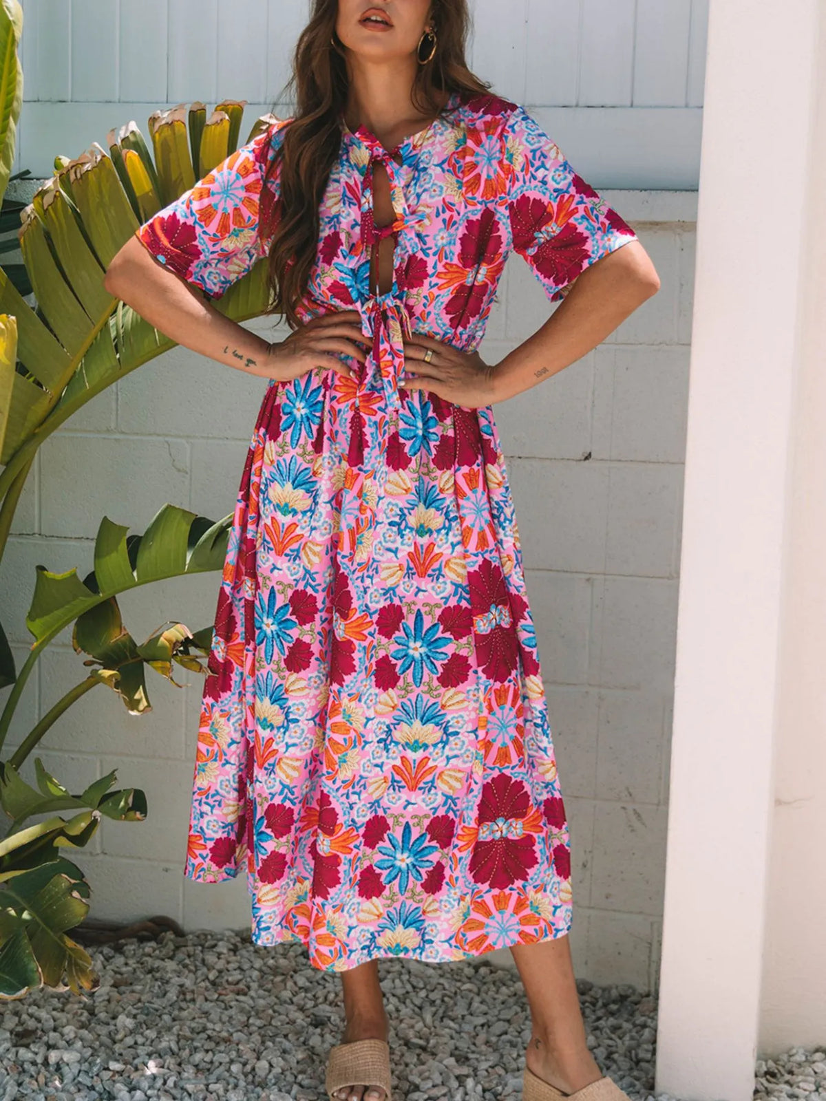 Floral Print Tie-Front Midi Dress