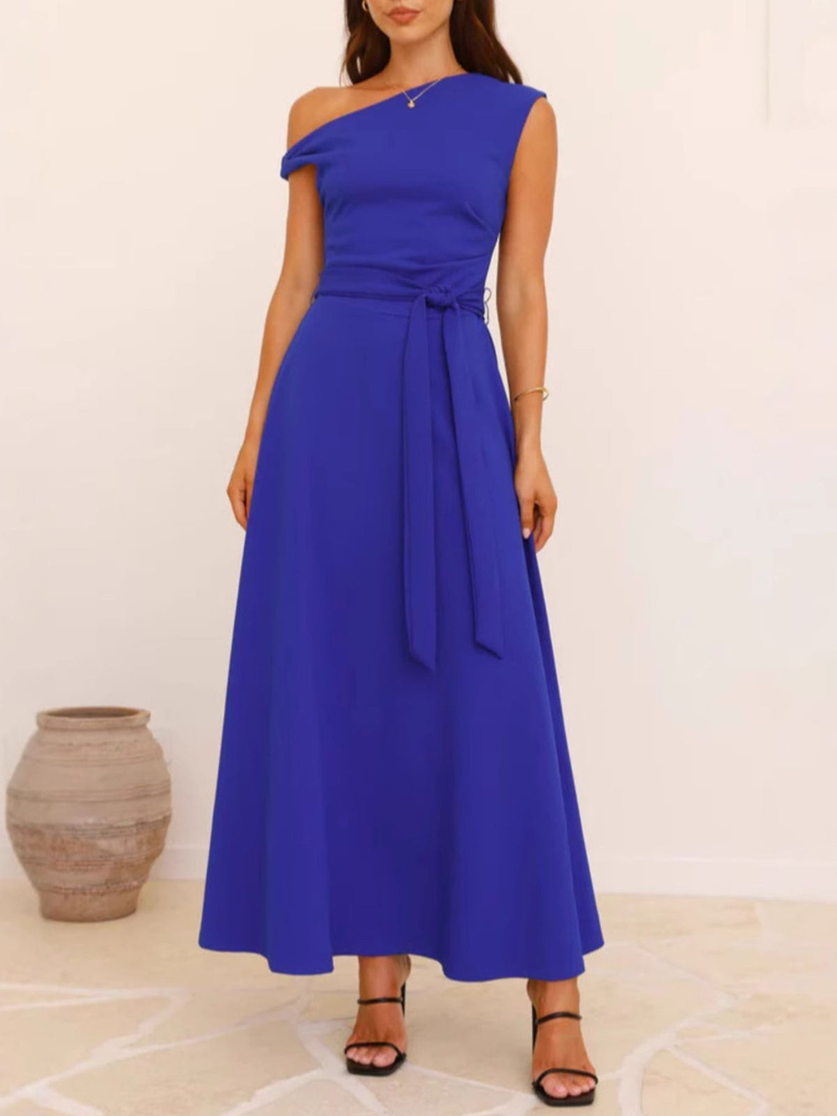 One-Shoulder Tie Waist Maxi Dress