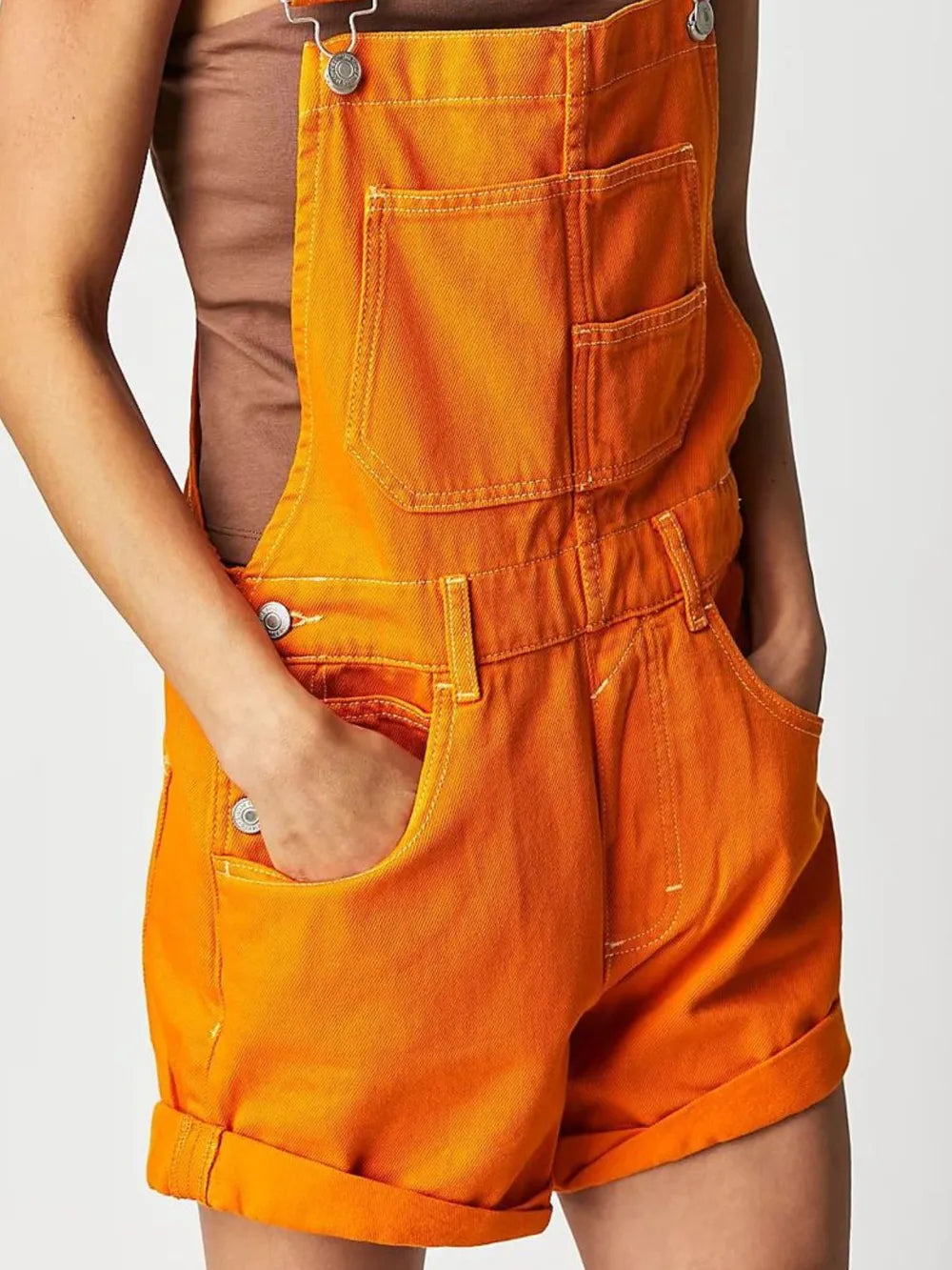 Square Neck Wide Strap Denim Overalls in Tangerine by Dreamy Drapes
