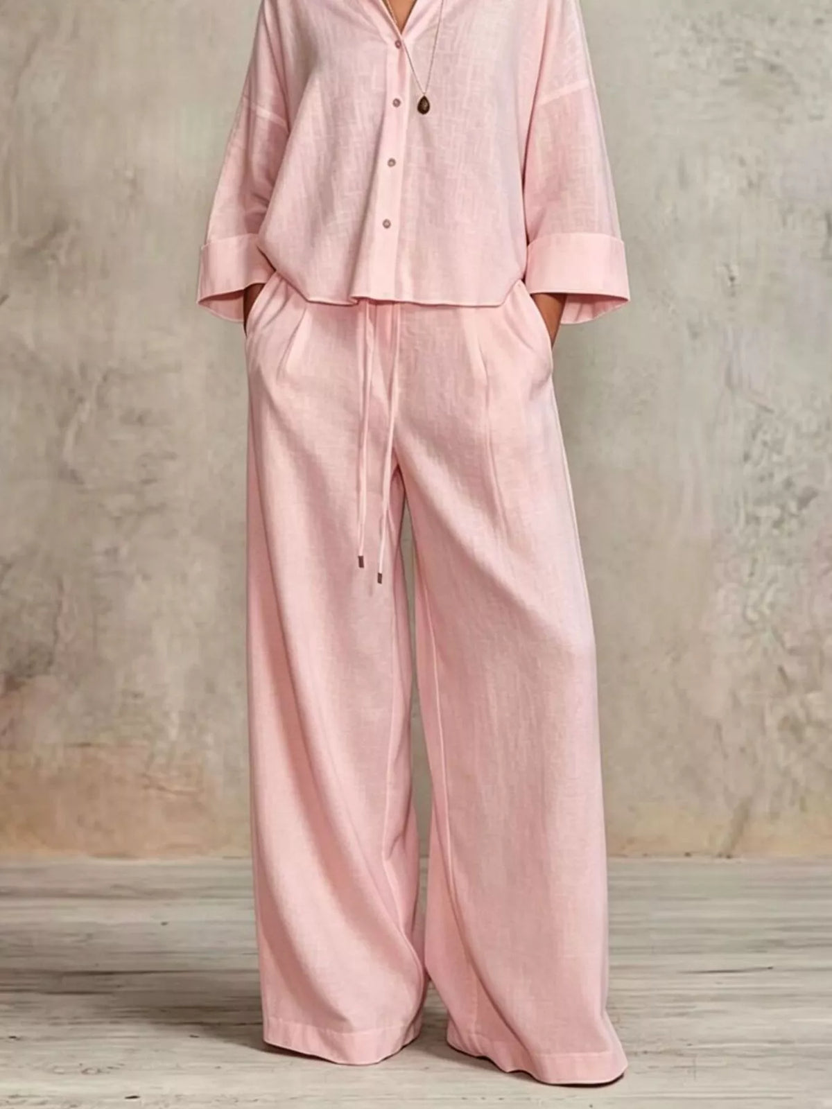 Button-Down Shirt and Wide-Leg Pants Set