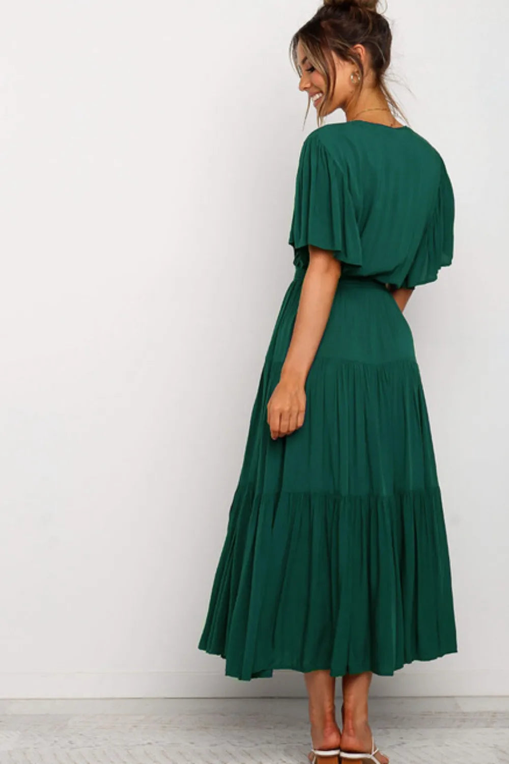 Front Tie Short Sleeve Tiered Midi Dress