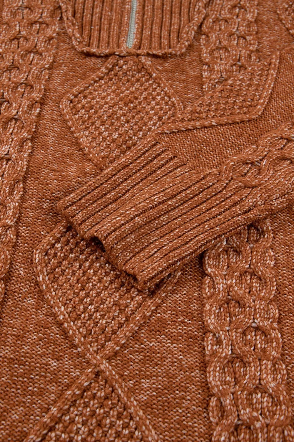 Zip-Up Cable Knit Drop Shoulder Sweater Dress in Caramel