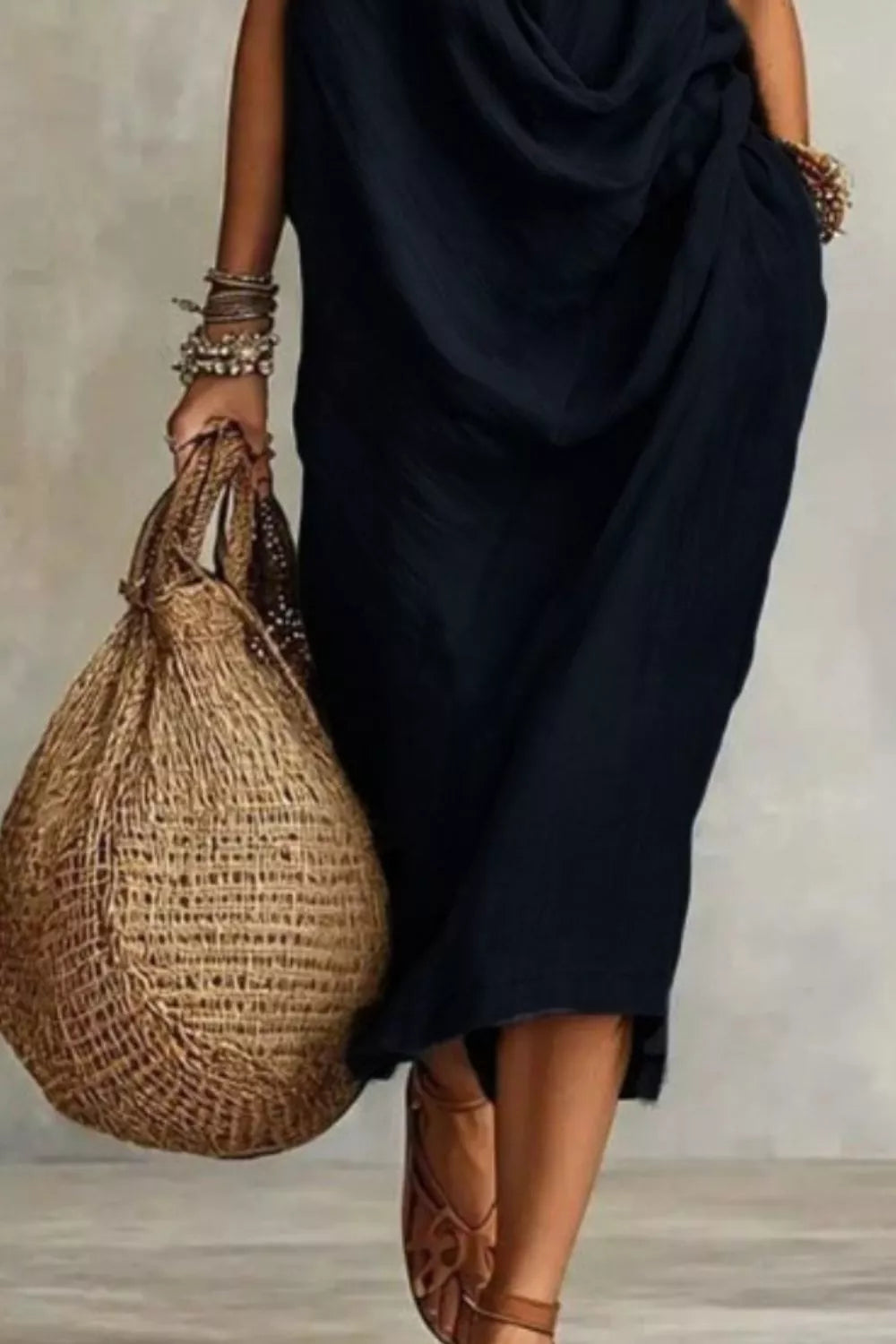 Sleeveless Drape-Neck Midi Dress with Pockets