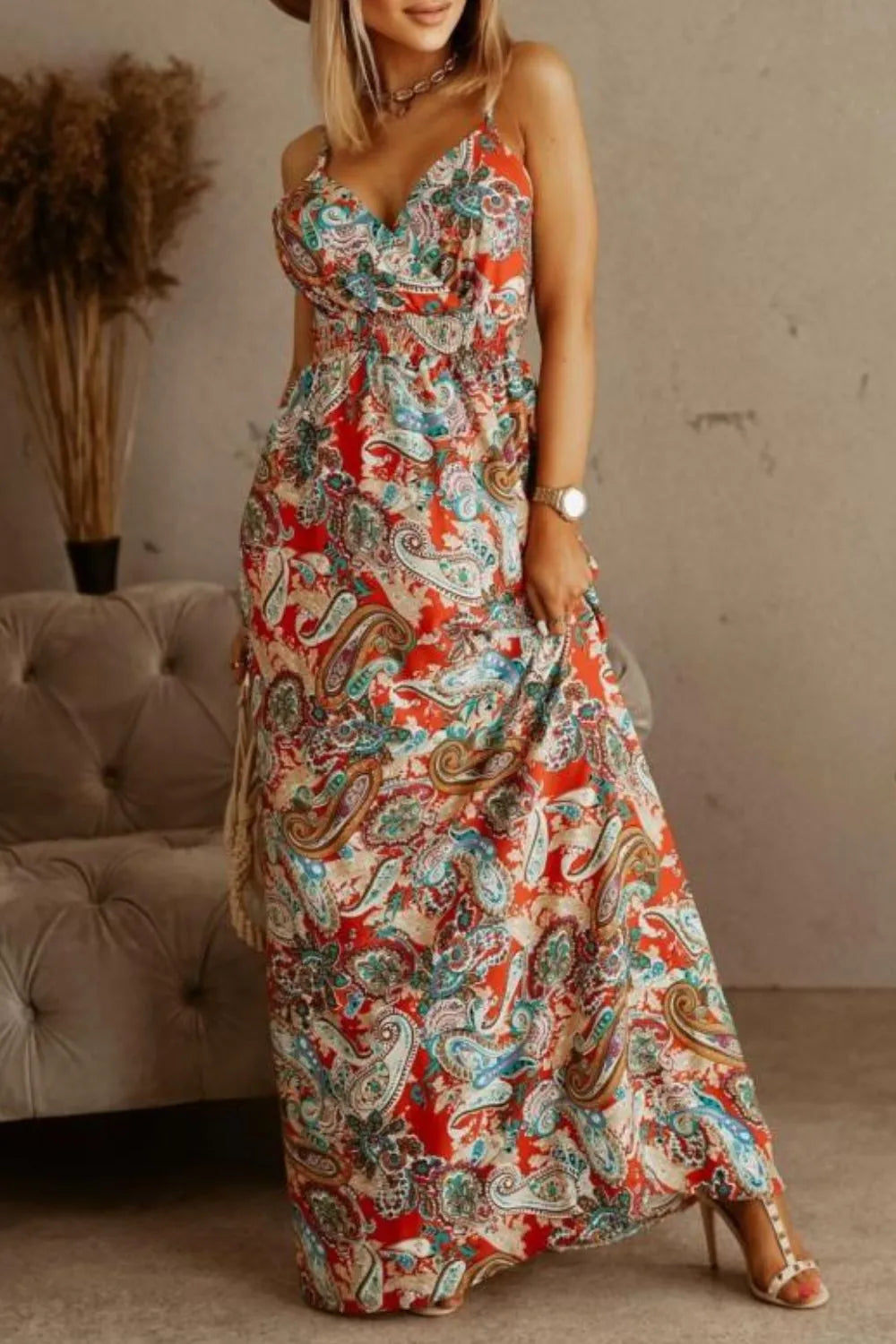 Smocked Spaghetti-Strap Printed Maxi Dress