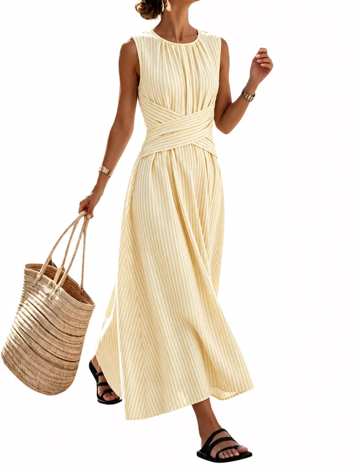 Sleeveless Striped Maxi Dress with Criss-Cross Waist